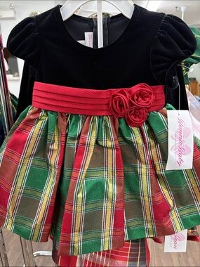 Bonnie Baby Black, Red & Green Velvet Plaid Holiday Dress